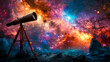 An illustration of a telescope on a rocky moon or planetary landscape looking up at a beautiful nebula in deep space.