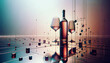 A wine bottle and two filled glasses are reflected on a glossy, geometric surface with floating spheres and cubes under a soft gradient sky.