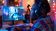 Online Gamer with Colorful LED Lighting and Equipment