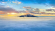 Aerial view of Fuji mountain and morning mist at sunrise, Japan.