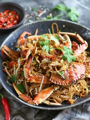 Crab meat pasta in a black bowl - Succulent crab meat tossed with noodles and garnished with herbs, served in a stylish black bowl