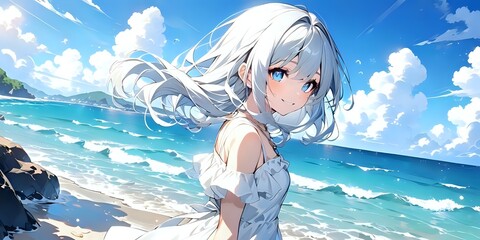 Cute anime girl on the background of the beach, in a white dress, anime wallpaper