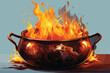 Spooky cauldron boils with fiery Halloween potion icon isolated.