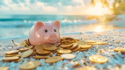 Pink piggy bank on summer vacation at the beach, surrounded by gold coins, denoting wealth and success