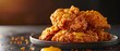 Tilted Shot  Genre Fast Food  Scene A stack of crispy fried chicken with a honey mustard dip on the side  Emotion Tempting  Lighting Bright, focused  Time Lunch  Location Type Fast Food Joint