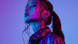 Fashion shoot banner in futuristic purple cyberpunk neon set against a blue background blending game and entertainment