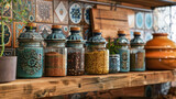 Fototapeta Dziecięca - Set of jars for spices on a shelf in the kitchen, decorated in Provence style