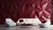 eometric patterns and angular lines on the 3D Garnet color wall adding depth and visual interest to the space surrounding the pristine white sofa.