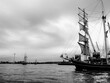The front masts of a Majestic, tall ship, sailing down the River Thames in the Greater London, UK, in Black and White.