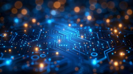 Poster - Abstract business technology background, circuit patterns overlaid with light digital effects, futuristic blue and silver palette