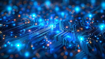 Poster - Futuristic blue and silver palette complement circuit patterns with digital effects on abstract business tech backdrop