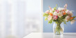 Bouquet rests in glass vase on table refreshing room interior. Delicate arrangement adds elegant touch to space filling with natural beauty on Valentine day