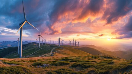 Wall Mural - A stunning panoramic view of a wind farm with multiple turbines standing atop rolling hills against a dramatic sunset sky. Resplendent.