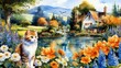 cottage garden with_enhanced_cute cat
