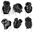 Set of women's hairstyles with braids and buns, a variety of stylish braided hair