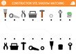 Construction site shadow matching activity with tools and instrument. Building works puzzle with screw driver, box, hammer, brush, saw. Find correct silhouette printable worksheet or game for kid