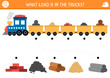 Construction site matching activity with train and different materials in cars. Building works puzzle, game, printable worksheet. Repair service match up page with bricks, soil, sand, wood, pipes.