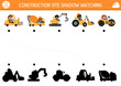 Construction site shadow matching activity with special transport, vehicle. Building works puzzle with concrete mixer, excavator, bulldozer. Find correct silhouette printable worksheet or game for kid