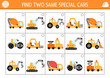 Find two same special cars. Construction site matching activity for children. Building works educational quiz worksheet for kids for attention skills. Simple printable game with cute vehicles.
