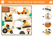Construction site matching activity with road repair scene and special technics. Building works puzzle, game, printable worksheet. Repair service match up page. Find missing parts of the picture.