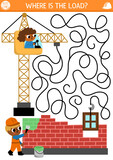 Fototapeta Pokój dzieciecy - Construction site maze for kids with industrial concept, lifting crane putting down window into house, builder painting brick wall. Building works preschool printable activity, labyrinth game, puzzle.