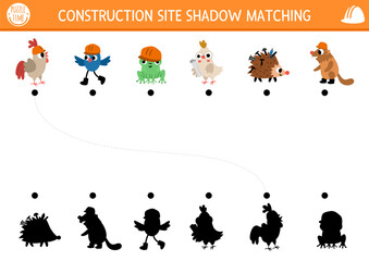 Wall Mural - Construction site shadow matching activity with animal and bird workers in hard hats. Building works puzzle with funny builders. Find correct silhouette printable worksheet or game for kids.