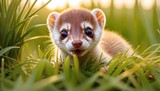 Fototapeta Do akwarium - An adorable weasel peeks out from lush green grass, with its bright, inquisitive eyes shining in the soft glow of sunset. AI Generation. AI Generation