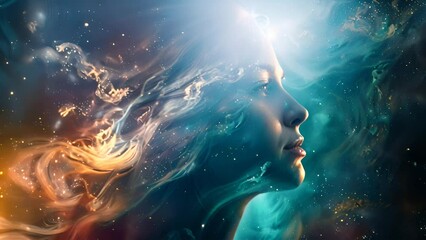 Wall Mural - A digital portrait of a womans profile, her hair and skin blending into a galaxy motif, illustrating a celestial theme