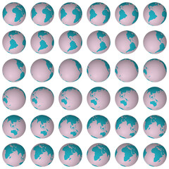 Poster - Collection of globes. Tilted sphere view. Rotation step 10 degrees. Solid color style. World map with dense graticule lines on luminosity background. Original vector illustration.