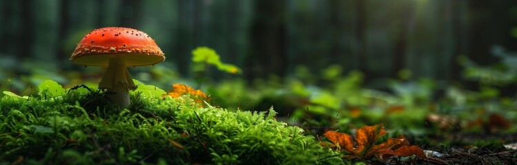 Wall Mural - landscape of a forrest with dangerous honey agaric close up in the sun light 