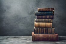 Old Books Stacked On Gray Background With Ample Copy Space