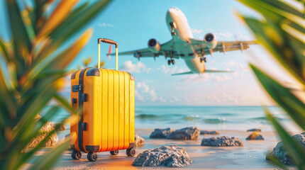 Vacation concept, luggage on sandy beach with airplane in sky, suitcase on tropical hot summer island, travel concept hd