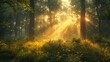 Explore the mystique of an ancient forest bathed in the golden hues of dawn, where sunlight filters through lush foliage,