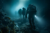 A group of researchers studying the bioluminescent creatures of the deep sea.Scuba divers exploring underwater cave with diving equipment