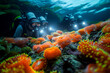A team of marine biologists studying a diverse ecosystem on a coral atoll. Scuba divers observe sea anemones in the underwater environment