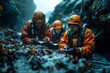 A team of marine scientists conducting experiments on a deep-sea hydrothermal vent. Three adventurers in orange helmets exploring a cave for fun