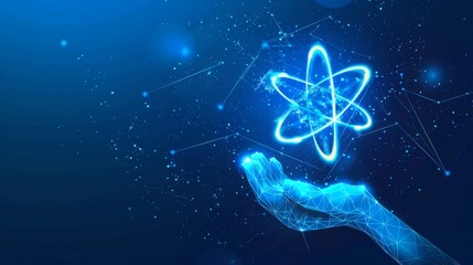 Abstract scientist hands-holding nuclear atom hologram model. Science, Technology concepts. Low poly light blue digital hand securing molecule icon on blue background