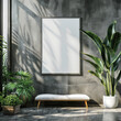 Empty picture hangs on the wall. Template, mockup for poster, painting, placard or advertising in the interior. An empty frame surrounded by furniture and green plants in pots.