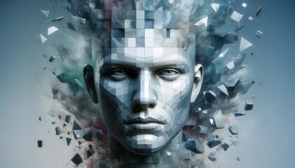 Futuristic digital man portrait with head exploding into 3D pixels, symbolizing disruption, innovation, and the complex nature of technology