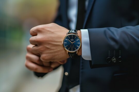 Elegant businessman in a suit in a cropped view, displaying a watch against a blurry backdrop, Generative AI.