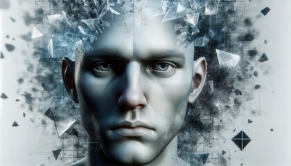 Intense digital man's face exploding into shards of glass, representing a powerful breakthrough or a shattering personal transformation