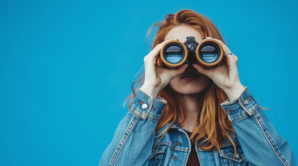 Young woman looking through binoculars on blue background, copy space