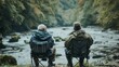 Two active senior friends sitting relaxed on folding chairs in front of a river surrounded by nature. Generative ai