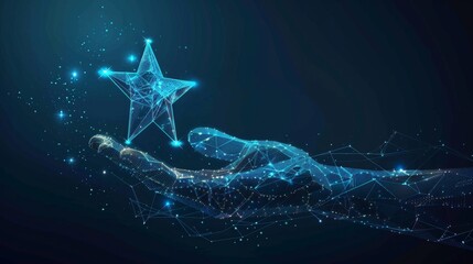 Digital star in abstract hand. Success concept. Low poly wireframe vector illustration with 3D effect in futuristic hologram blue style on technology background. Monochrome light