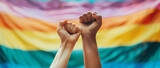 Fototapeta  - two women protest with their fists raised on gay pride day with the LGBT flag in the background