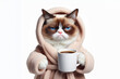 grumpy cat in bathrobe holding cup of coffee on a white background