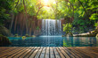 Tranquil Rainforest Oasis: Wooden Deck with Cascading Waterfall, Lush Jungle Backdrop for Serene Product Showcase