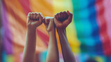 Fototapeta  - Three women protest with their fists raised on gay pride day with the LGBT flag in the background