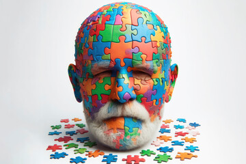 Poster - Colorful jigsaw puzzle pieces coming together to form old man head on a white background