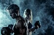 © zishan - muscular young couple using dumbbells for exercise. captured in a studio, Generative AI.
